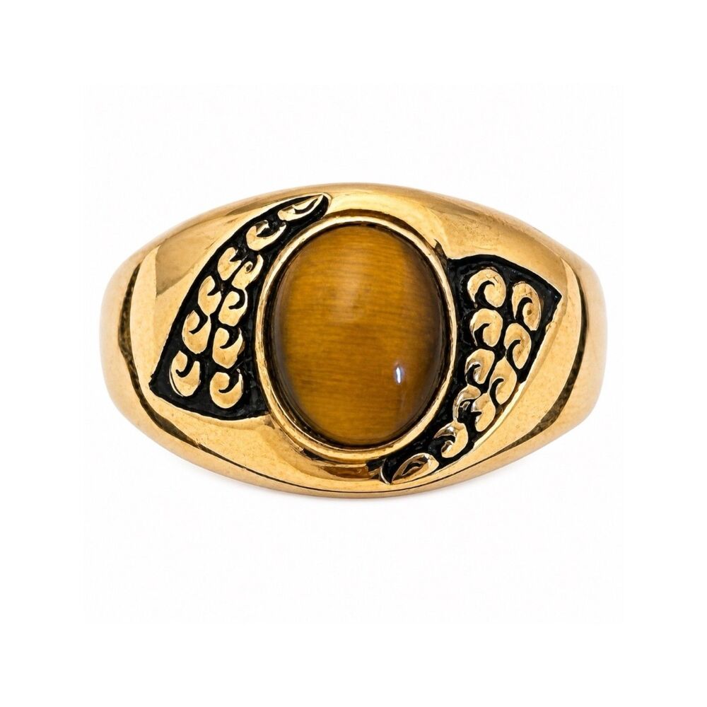 Vintage 1970s Ring Size 9 Uncas Tigers Eye Cabochon Textured Gold Plated - 14N